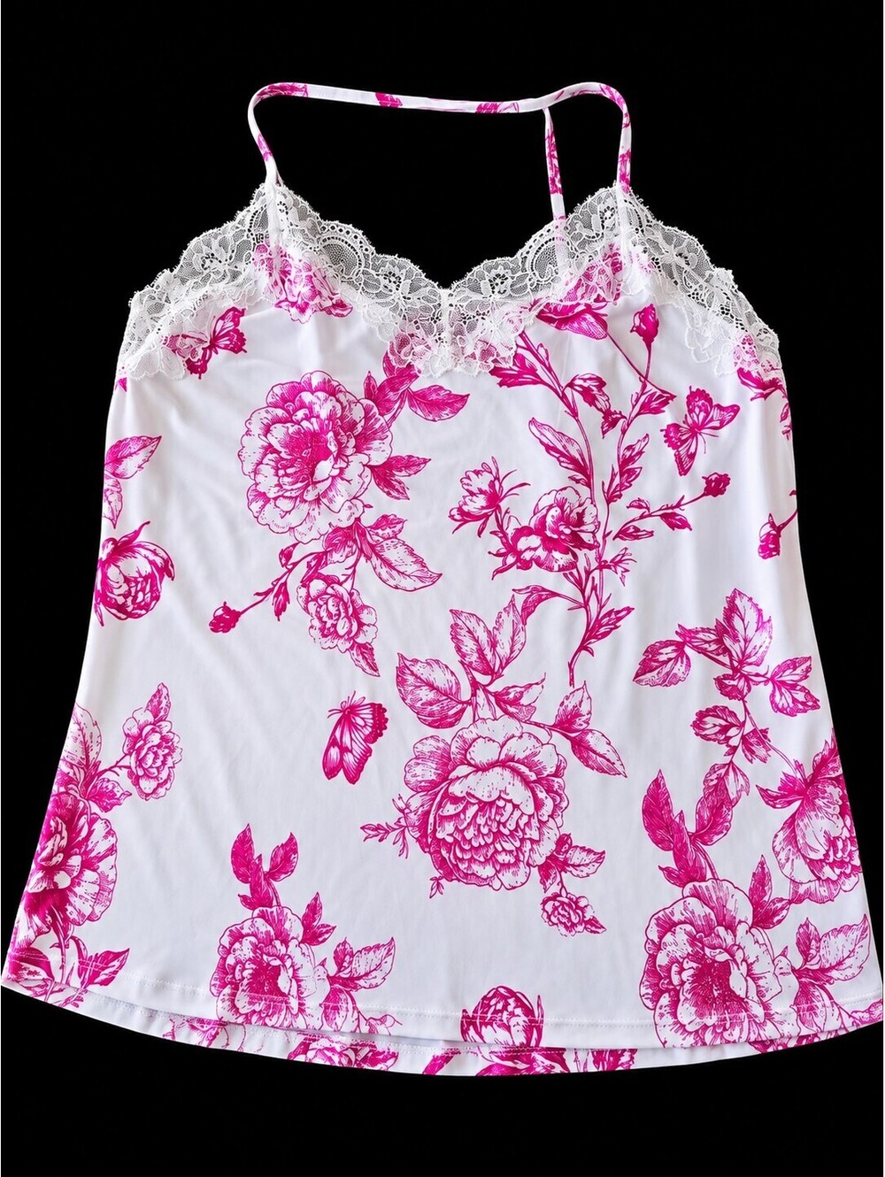 Linea Donatella Pink Floral 2-Piece Pajama Set with Lace Trim, Size Large